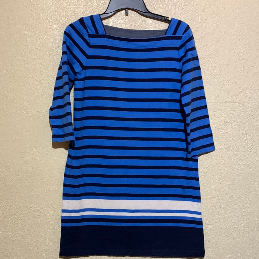 L.L. Bean Dress S Square Neckline Blue White Black Stripes Pull Over 3/4 Sleeve